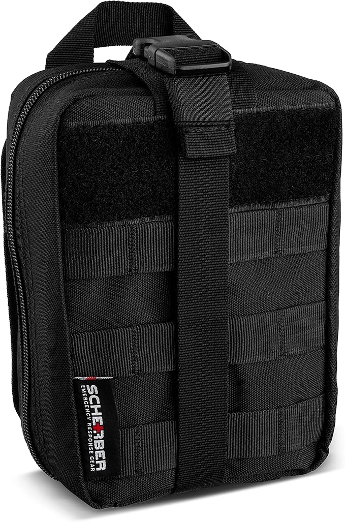 Scherber Premium IFAK Kit Trauma Pack | HSA/FSA Approved | SOF Tourniquet, QuikClot 4x4 HyFin Chest Seal, Israeli Bandage | Fully Stocked MOLLE Pouch for Gunshot, Bleeding, Major Wound Care (Black)