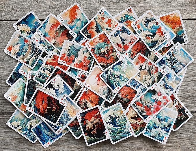 Roaring Waves and Majestic Beasts Playing Cards (Poker Deck 54 Cards All Different) Great Wave Japan Sakura and Ancient Demons Vintage Styled Illustration