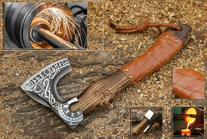 13??Inch Viking Axe- Ash Wood Handle Hatchets and Axes with Leather Wrap, Wood Splitting Axe, Camping Axe, Throwing Axes and Tomahawks - Gift for Father?™s Day, Husband(Rare Viking)