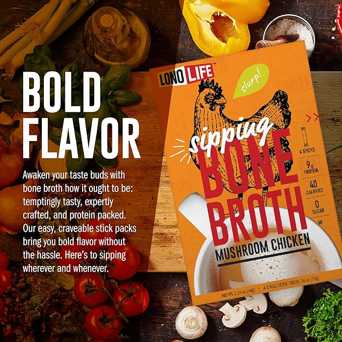 LonoLife Mushroom Chicken Bone Broth Powder Mix | 10g Protein | Collagen-Rich, Keto & Paleo Friendly | Natural Ingredients | 24 Portable Stick Pack Servings
