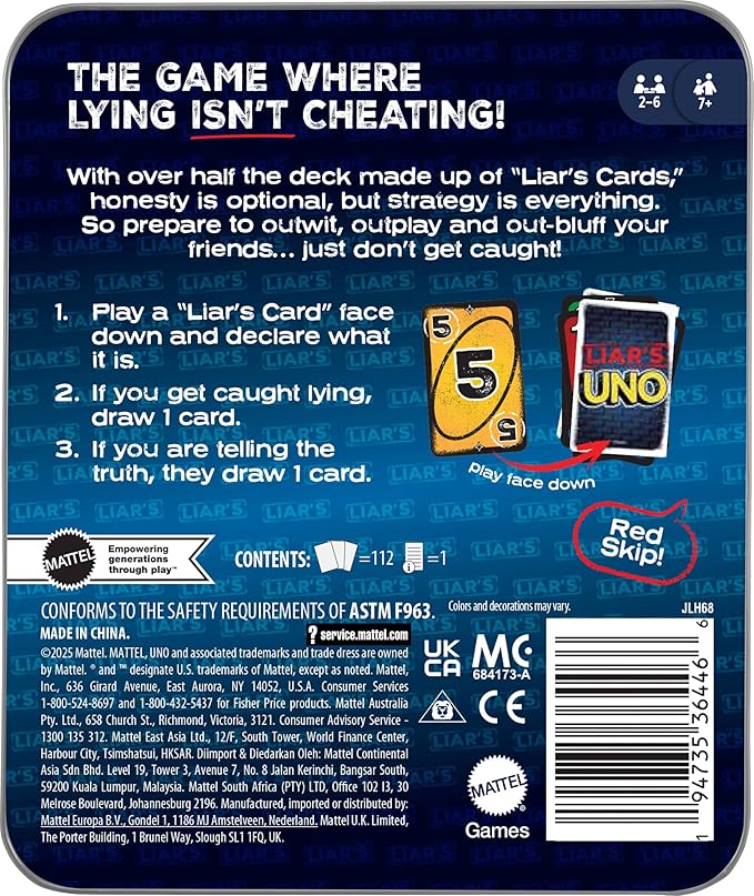 Mattel Games Liar?™s UNO Card Game in Travel & Storage Tin for Adults, Kids, Families, Parties & Game Nights, Outwit Other Players with Bluffing & Trickery (Amazon Exclusive)
