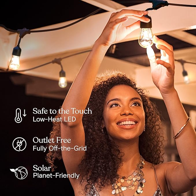 Brightech Ambience Pro 27 Ft Solar Powered Outdoor String Lights - Commercial Grade Waterproof Patio Lights with Edison Bulbs, Shatterproof LED String Lights for Patio - 1W, Warm White, 12 Bulbs
