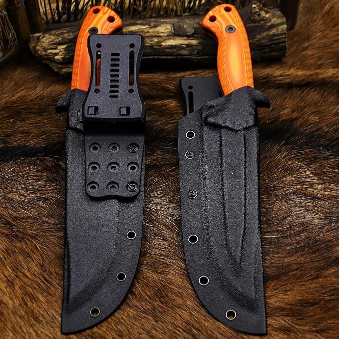 BA-KOR 12.4in Full Tang Fixed Blade Hunting Knife ??6mm 9CR18MoV Steel, G10 Handle, Stonewashed Sawback Blade with Kydex Sheath & Fire Starter for Outdoor, Camping, Survival (Orange with light yellow stripes)