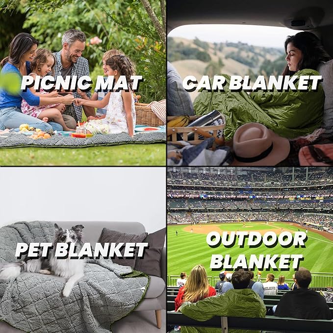 Waterproof Outdoor Blanket 82”X 55” Packable, Stadium Blankets for Camping with Sherpa Fleece Lining, Large Windproof Emergency Throw Mat for Garss Picnic Hiking Road Trip, Machine Washable, Green