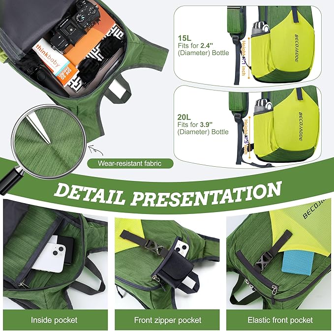 20L Small Hiking Backpack for Men Women Foldable Packable Back Pack Ultralight Hiking Daypack for Travel Camping Outdoor, Olive Green Yellow