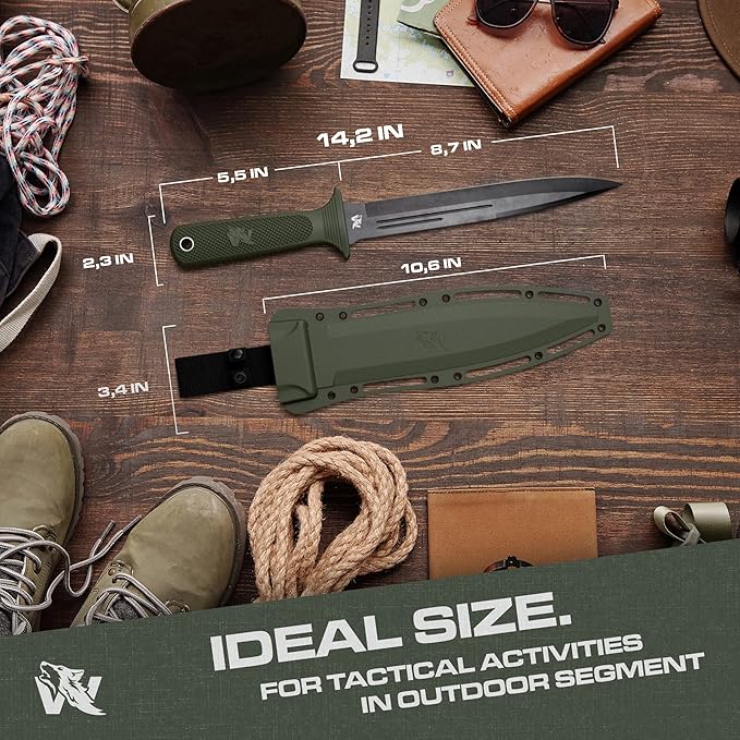 W-Catcher Fixed Blade Knife with Sheath - Large Hunting-Knife made of D2 steel - Big Fixed Blade Knives with Non-Slip TPE Handle - Full Tang Survivalknife for Outdoor Activities