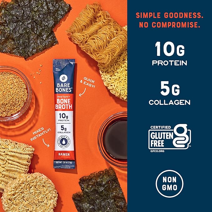 Bare Bones Bone Broth Instant Powdered Beverage Mix, Ramen, Pack of 16, 15g Sticks, 10g Protein, Keto & Paleo Friendly, Non-GMO, Gluten-Free, Dairy-Free