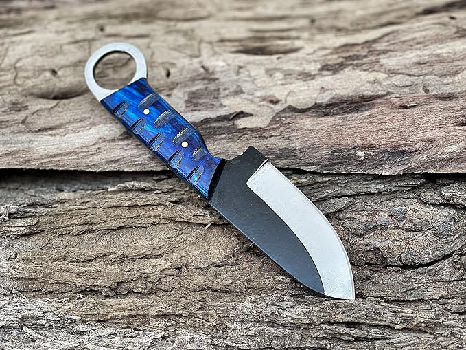 7'' Full Tang Fixed Blade Outdoor Camping Hunting Knife In Sheath Gift For Him | 1095 High Carbon Steel Knife | SKINNER Gift | Cowboy knives | Pancake leather sheath (BLUE)