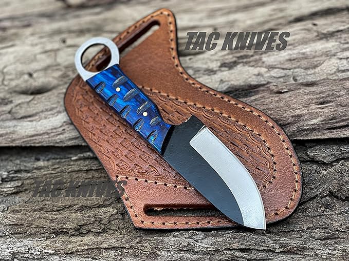 7'' Full Tang Fixed Blade Outdoor Camping Hunting Knife In Sheath Gift For Him | 1095 High Carbon Steel Knife | SKINNER Gift | Cowboy knives | Pancake leather sheath (BLUE)