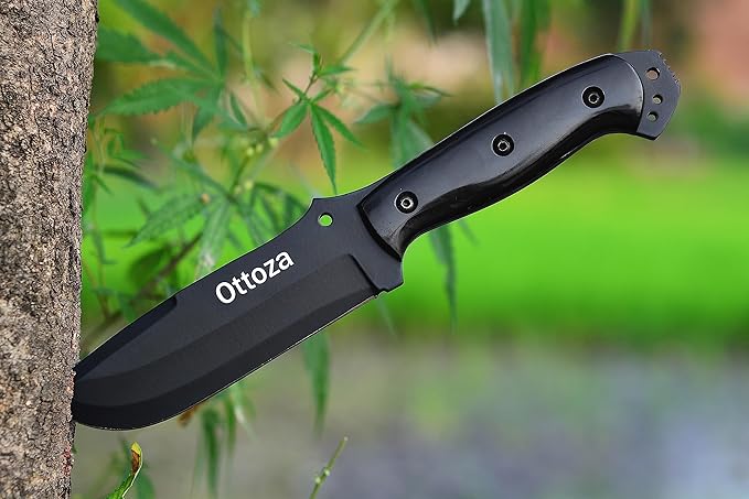 Ottoza Fixed Blade Hunting Knife with Leather Sheath and Horizontal Carry - Full Tang Outdoor Survival and Camping Knife for Men - Cow Horn Handle 338