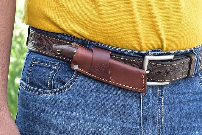 Knives Ranch Handmade High Carbon Damascus Steel Fixed Blade Knife ??6.25" Cowboy Ranch Knife with Rosewood Handle & Horizontal Carry Leather Sheath ??Hunting, Bushcraft, Camping, Survival, Scout Carry, EDC (3131-IRW)