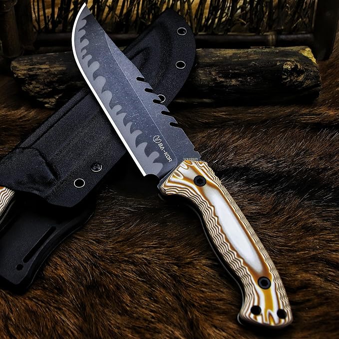 BA-KOR 12.4in Full Tang Fixed Blade Hunting Knife ??6mm 9CR18MoV Steel, G10 Handle, Stonewashed Sawback Blade with Kydex Sheath & Fire Starter for Outdoor, Camping, Survival (White and brown stripes)