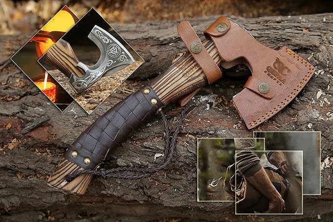 13??Inch Hand-Forged Viking Axe- Ash Wood Handle Hatchets and Axes with Leather Wrap, Wood Splitting Axe, Camping Axe, Throwing Axes and Tomahawks - Gift for Him (Valknut)