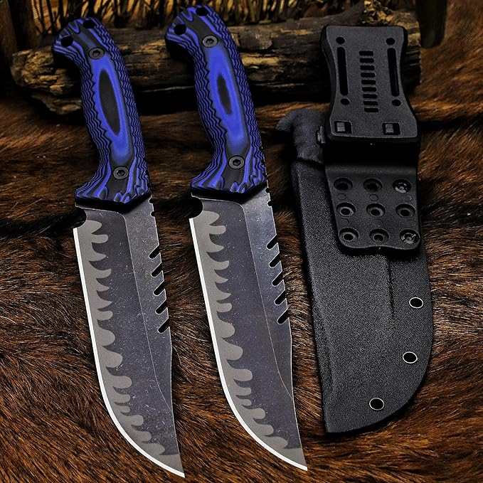 BA-KOR 12.4in Full Tang Fixed Blade Hunting Knife ??6mm 9CR18MoV Steel, G10 Handle, Stonewashed Sawback Blade with Kydex Sheath & Fire Starter for Outdoor, Camping, Survival (Blue and black stripes)
