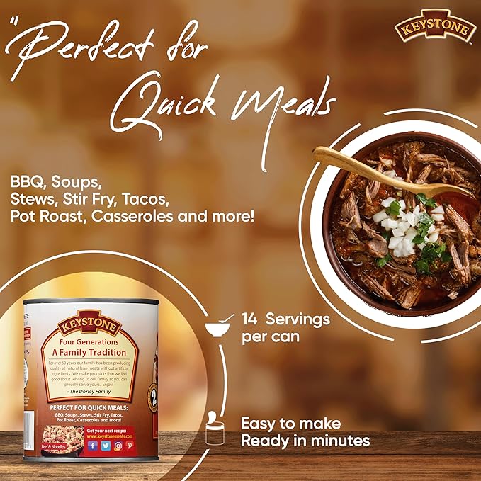 Keystone Meats All Natural Heat and Serve Canned Beef 28 oz – Fully Cooked Canned Meat – Ready to Eat – 5-Year Shelf Life – Pantry Staple for Everyday Meals, Emergency Survival Food – Made in USA – Pack of 6