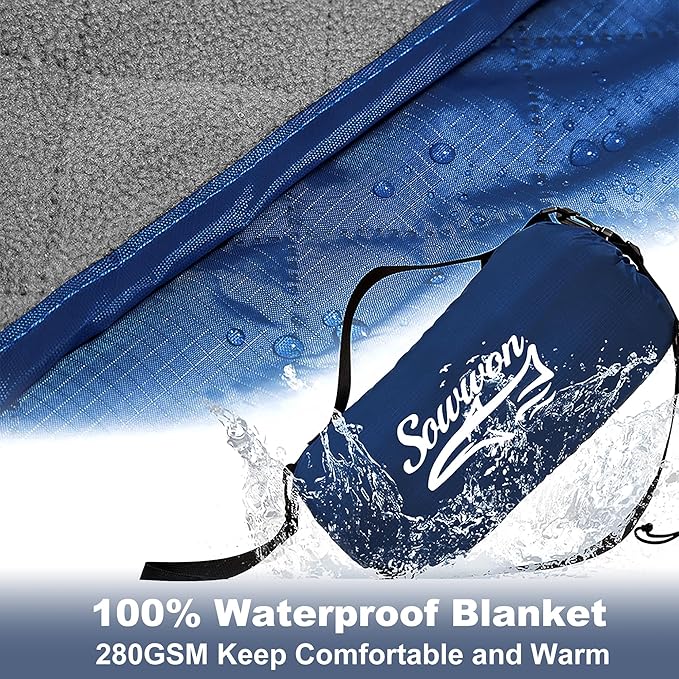 Waterproof Outdoor Blanket 92”X 60” Packable, Stadium Blankets for Camping with Quilted Fleece Lining, Large Windproof Emergency Throw Mat for Garss Picnic Hiking Road Trip, Machine Washable, Navy