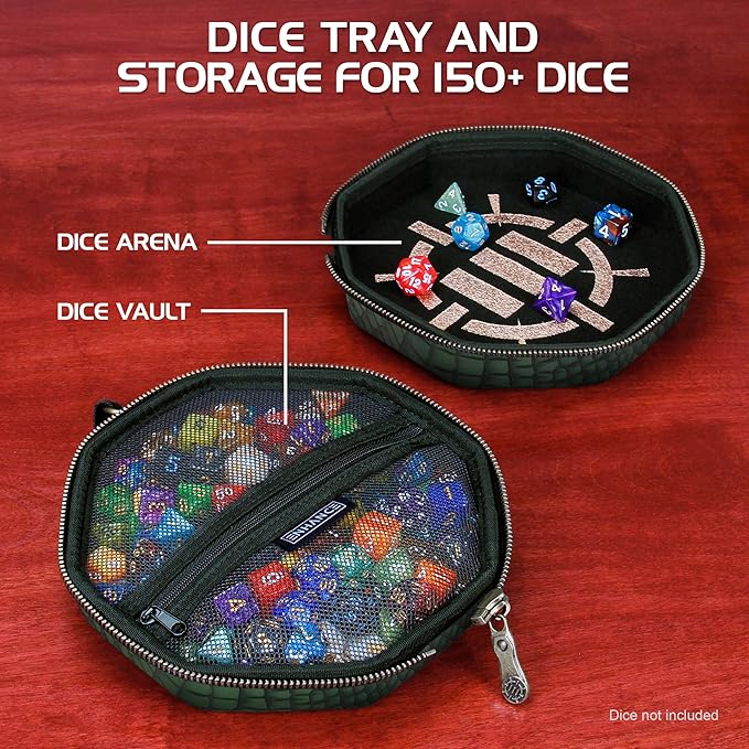 ENHANCE DND Dice Tray and Case - Collector's Edition DND Dice Holder up to 150 D&D Shakers with Hard Shell Exterior and Protective Soft Interior - Rolling Tray Perfect for Game Night (Dragon Green)