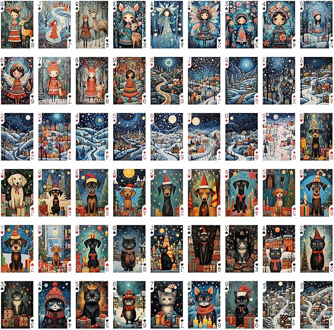 Fairytale Christmas Playing Cards (Poker Deck 54 Cards All Different) Naïve Art Adorable Christmas Girls Fairies Dogs and Cats Wintery Landscapes Vintage Kids Book Illustration