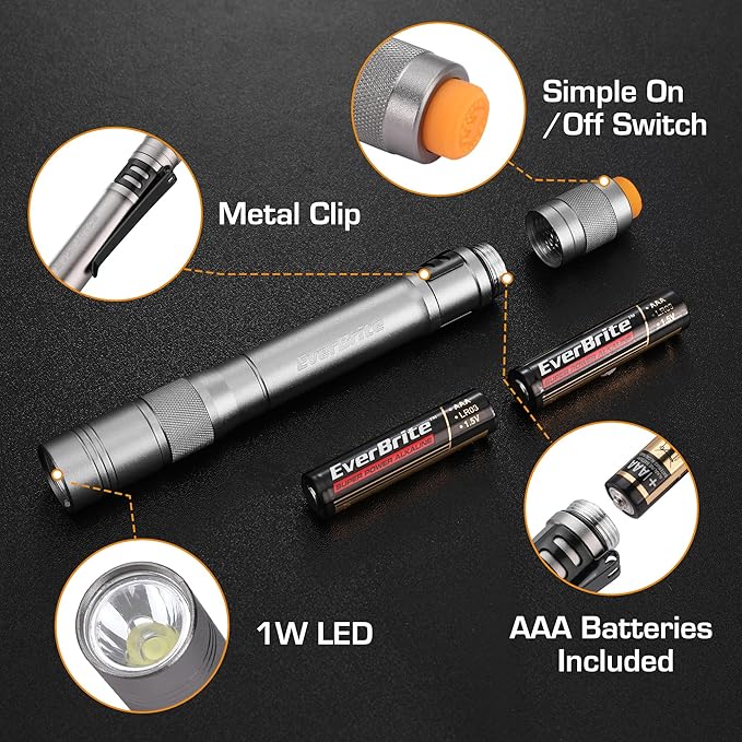 EverBrite Pen Light, 100LM Pocket Flashlights, Aluminum LED Pen Flashlights with Clip, 8 AAA Batteries Included, Pocket Flashlight for Camping, Emergency, Mechanic, Pack of 4, Gray