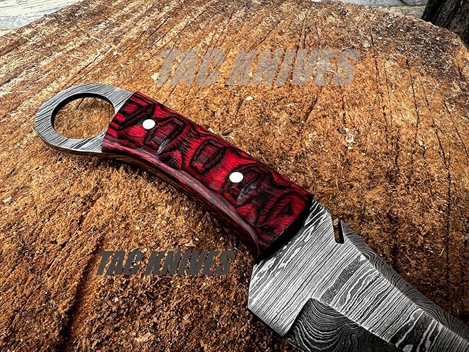 Bushcraft Survival Knife12T27 Damascus Steel Fixed Blade outdoor Knife - Pancake Leather Sheath - Traditional Field Knife for Camping Knife, Fishing, Hunting Knife, (RED)