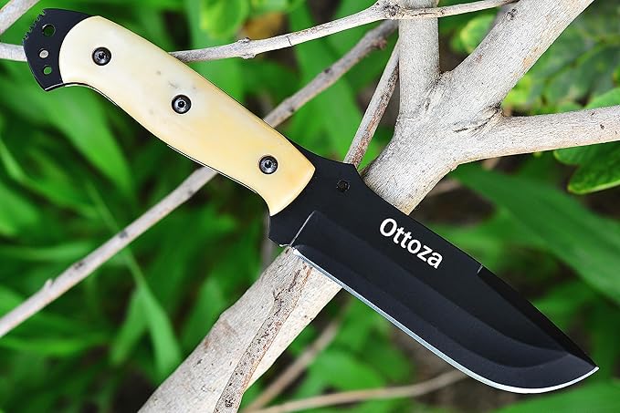 Ottoza Fixed Blade Hunting Knife with Leather Sheath and Horizontal Carry - Full Tang Outdoor Survival and Camping Knife for Men - Bone Handle 354