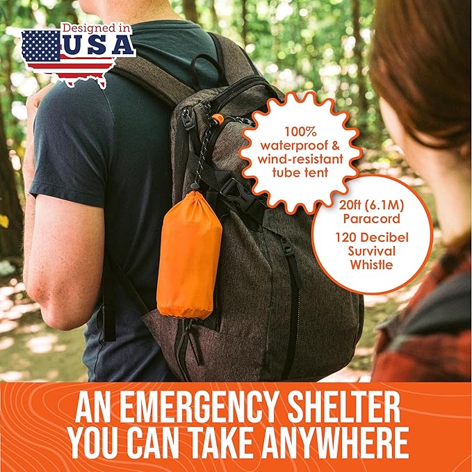 Go Time Gear Survival Life Tent ??2 Person Mylar Emergency Shelter Tube Tent + Paracord ??All-Weather Protection for Camping, Hiking, & Survival Kits ??Includes Emergency Whistle