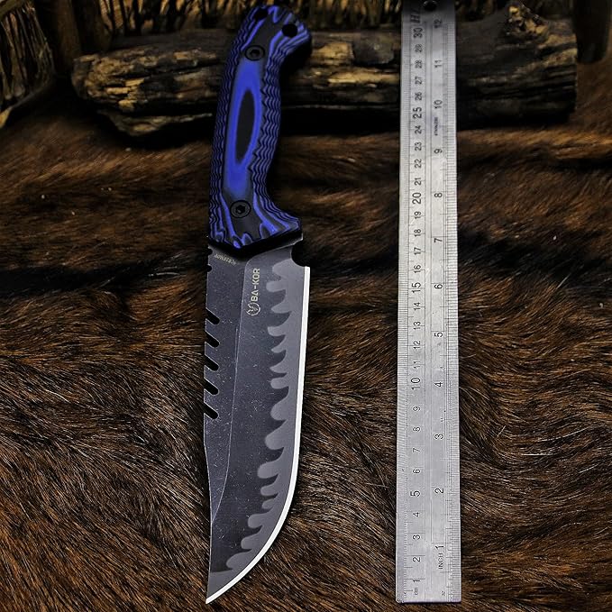 BA-KOR 12.4in Full Tang Fixed Blade Hunting Knife ??6mm 9CR18MoV Steel, G10 Handle, Stonewashed Sawback Blade with Kydex Sheath & Fire Starter for Outdoor, Camping, Survival (Blue and black stripes)