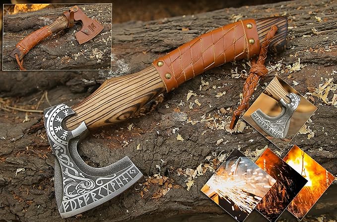 13??Inch Viking Axe- Ash Wood Handle Hatchets and Axes with Leather Wrap, Wood Splitting Axe, Camping Axe, Throwing Axes and Tomahawks - Gift for Father?™s Day, Husband(Rare Viking)