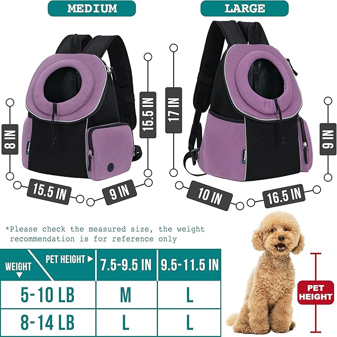 PetAmi Adjustable Cat & Dog Front Chest Carrier Backpack, Ventilated for Hiking & Camping, Max 14 lbs, Purple