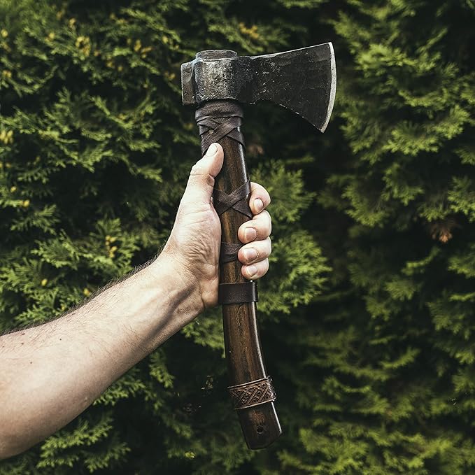 Norse Tradesman 14" Viking Throwing Axe - Carbon Steel Head, Teakwood Handle, Brown, Regulation Size, Includes Leather Sheath