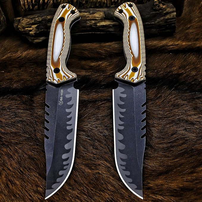 BA-KOR 12.4in Full Tang Fixed Blade Hunting Knife ??6mm 9CR18MoV Steel, G10 Handle, Stonewashed Sawback Blade with Kydex Sheath & Fire Starter for Outdoor, Camping, Survival (White and brown stripes)