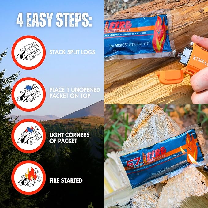 – 10 Pack All-Natural Fire Starters for Campfires, Fire Pits, BBQs & Fireplaces – Long Burning, Weather-Resistant, Non-Toxic + Survival Frog Rechargeable Lighter Kit