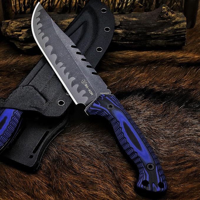 BA-KOR 12.4in Full Tang Fixed Blade Hunting Knife ??6mm 9CR18MoV Steel, G10 Handle, Stonewashed Sawback Blade with Kydex Sheath & Fire Starter for Outdoor, Camping, Survival (Blue and black stripes)