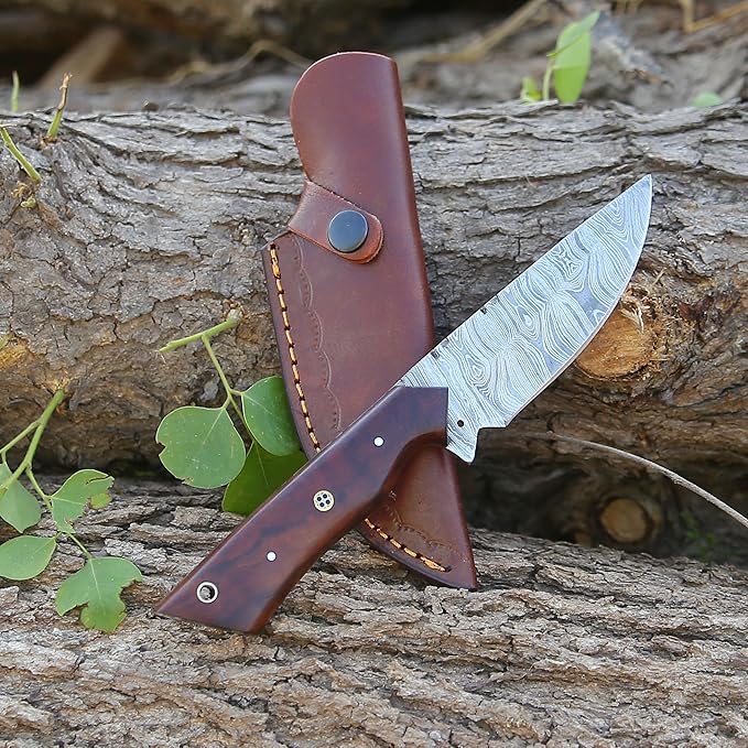 Custom Handmade Damascus Fixed Blade,Full Tang Hunting Knives With Leather Sheath (Gift) For Outdoor Camping. (Rose Wood Handle), PCL-0078
