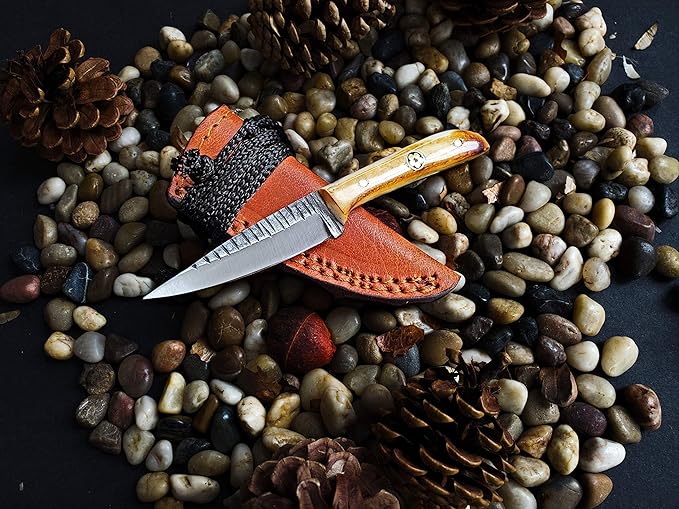 Titan International Knives Skinning Knife TC-30 Carbon 1080 Steel | Handmade Utility Neck Knife EDC | Fixed Blade Color Coated & Hand Pounded | Leather Sheath with Neck String
