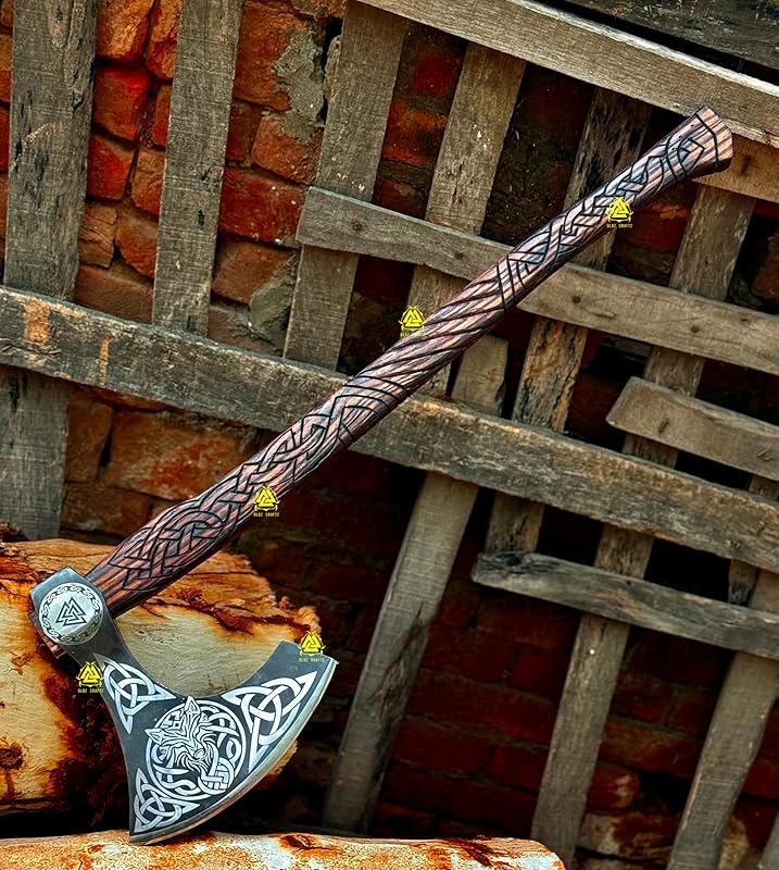 / Two Handed Berserker Axe, Hand Forged Steel Axe, Norse Battle Axe, Scandinavian Style Viking Axe,Viking Bearded Tactical,Functional Viking Battle Bushcraft Axe, History of Viking (Special Edition Axe)