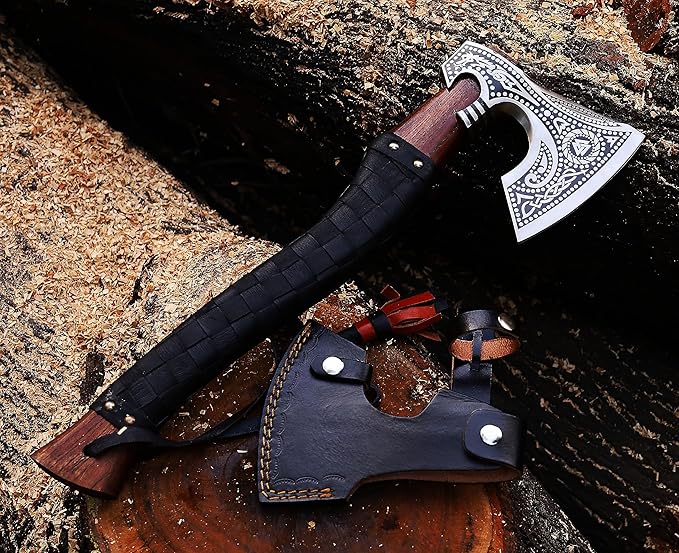 19" Viking Axe Carbon Steel Engraved Head with Leather Wrapped Wooden Handle & Sheath | Norse Collectible Hatchet for Camping & Gifting