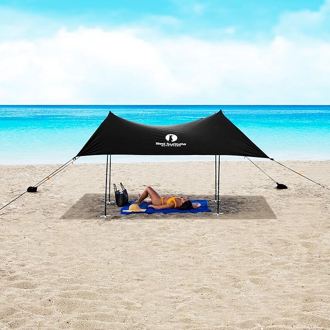 Red Suricata Family Beach Tent & Canopy, UPF50 Sun Shade, 4 Aluminum Poles, Sand Shovel, Large Portable Sun Shelter (Large, Black)