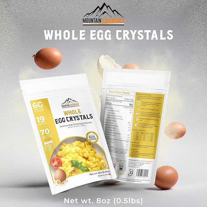 MOUNTAIN ESSENTIALS Whole Egg Crystals Pasteurized Dried Egg Powder 8 Oz Pure Natural Nutrient-Rich Whole Egg Powder For Baking, Cooking, Camping, Quick Meal Preparation Shelf Stable Food Pack of 1