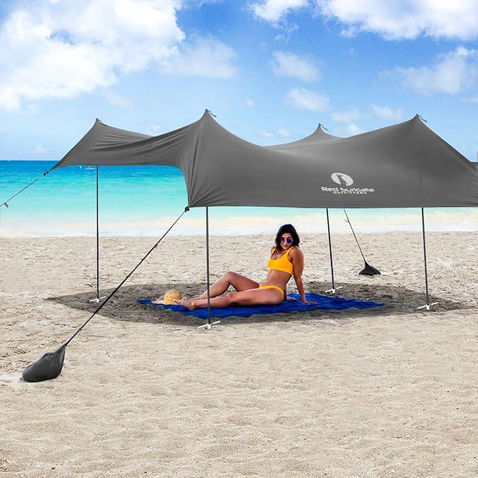Red Suricata Family Beach Parasol - Sun Shade Canopy | UPF 50 UV Protection | Tent with 4 Aluminium Poles, 4 Pole Anchors, 4 Sandbag Anchors | Large & Portable Shelter Tarp
