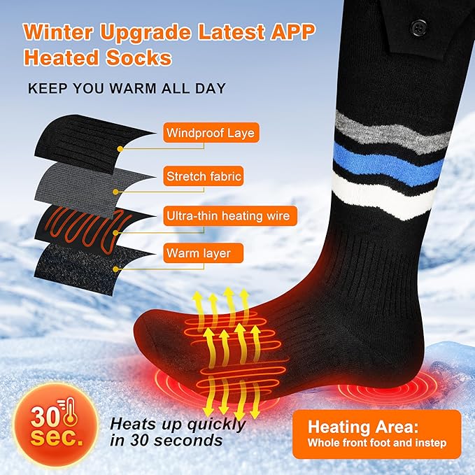 Heated Socks, Heated Socks for Men Women with APP Control, 8000mAh Rechargeable Electric Up to 10 Hours Washable Winter Warm Socks Foot Warmer for Skiing Cycling Camping