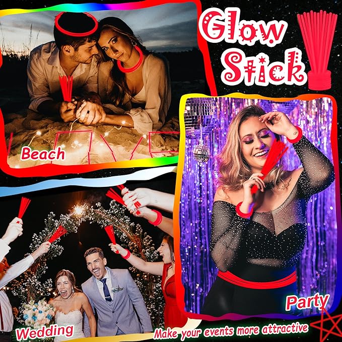 ILHSTY 100 Pcs 8'' Red Glow Sticks Glow Necklaces In The Dark Party Favors Supplies Bright GlowSticks Bulk with Accessories for Birthday Christmas New Year Halloween 4th of July Neon Party (Red*100)