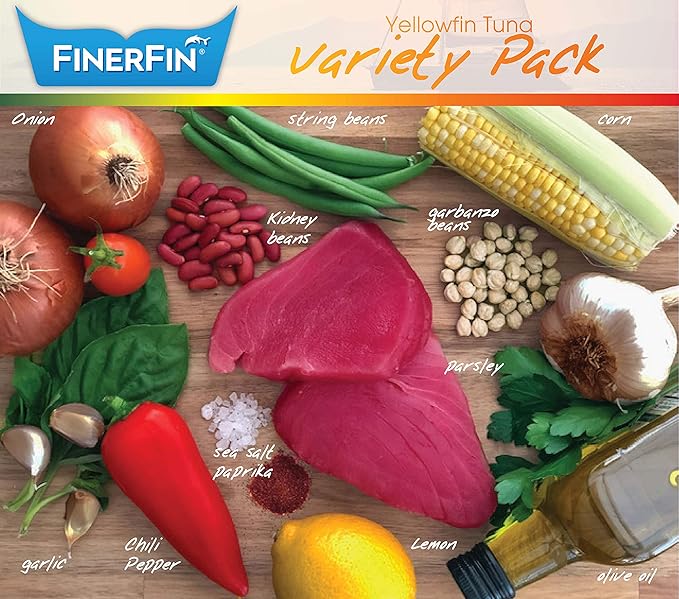 FinerFin Yellowfin Tuna Salad in Organic Olive Oil | Taster's Variety Pack | Premium Canned Tuna Fish with EVOO | Gourmet Ready-to-Eat Wild-Caught Fillets | 4.4oz can - 12 Pack