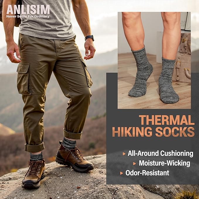 Anlisim Merino Wool Warm Boot Hiking Socks Thermal Extra Thick Winter Cozy Crew Comfy Cushioning Work Women Men Socks 4 Pairs