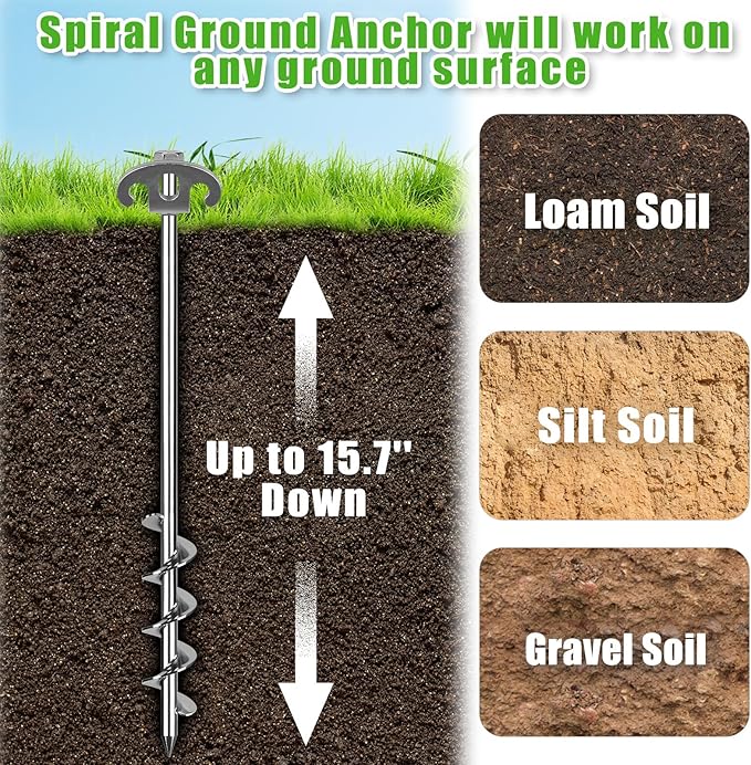 17 Inch Screw in Ground Anchors Kit, 4 Pack Heavy Duty Tent Stakes, Double-Sided Welded Spiral Windproof Earth Anchors for Trampoline, Shed, Swing Set & Mobile Home