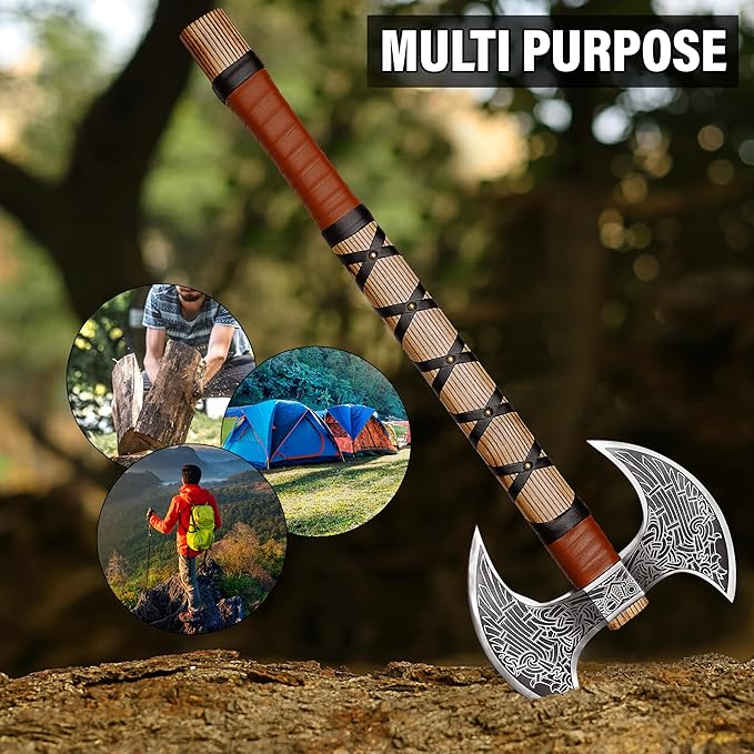 SHINY CRAFTS ® Hand-Forged Viking Axe | Bearded Hatchet | Medieval Battle Tool for Camping & Survival | Unique Gift for Men, Groomsmen & Christmas (Brown-SCA-13)