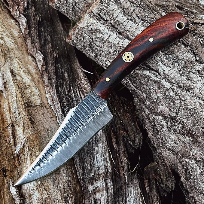 Titan International Knives Handmade Skinning Knife Carbon 1080 Steel | Fixed Blade Knife Color Coated Hand Pounded |Walnut Wood Handle with Leather Sheath | Perfect for Camping and Outdoor Activities