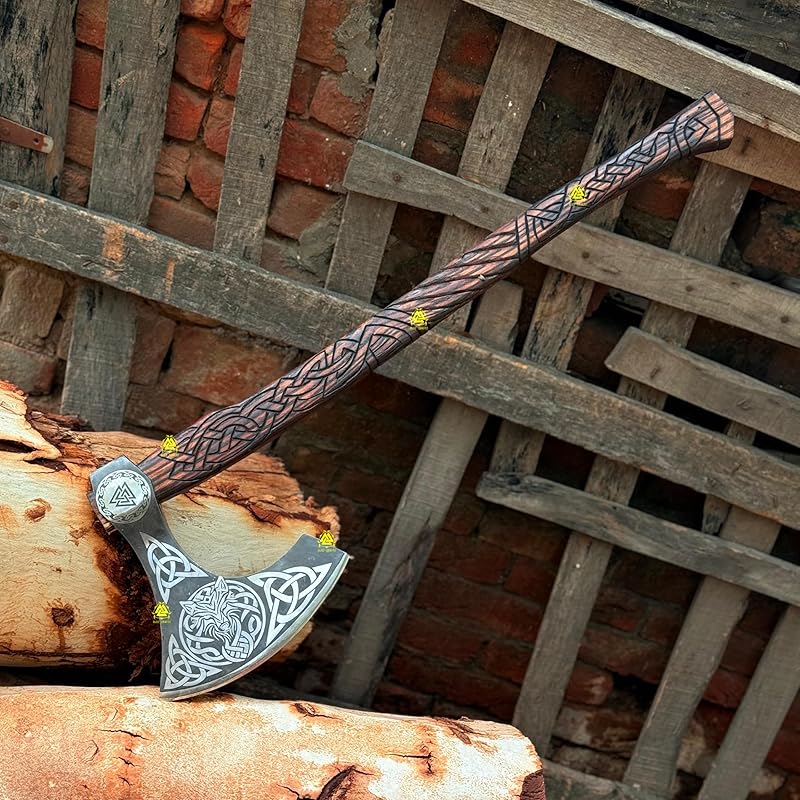 / Two Handed Berserker Axe, Hand Forged Steel Axe, Norse Battle Axe, Scandinavian Style Viking Axe,Viking Bearded Tactical,Functional Viking Battle Bushcraft Axe, History of Viking (Special Edition Axe)