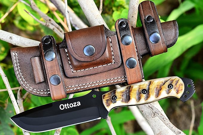 Ottoza Fixed Blade Hunting Knife with Leather Sheath and Horizontal Carry - Full Tang Outdoor Survival and Camping Knife for Men - Ram Horn Handle 353