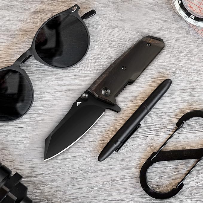 FLISSA Small Pocket Knife, 2-3/4" D2 Steel Blade, EDC Folding Knives, Ebony Wood Handle with Clip, Mini Knife with Liner Lock for Everyday Carry Camping Survival Hiking, Great Gifts for Dad